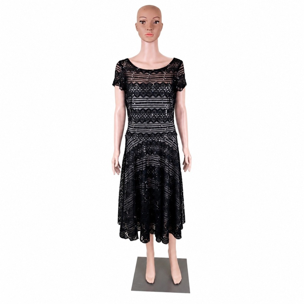 Signature by Sangria Black Nude Lace Sequin Fit & Flare Midi Dress Size 10